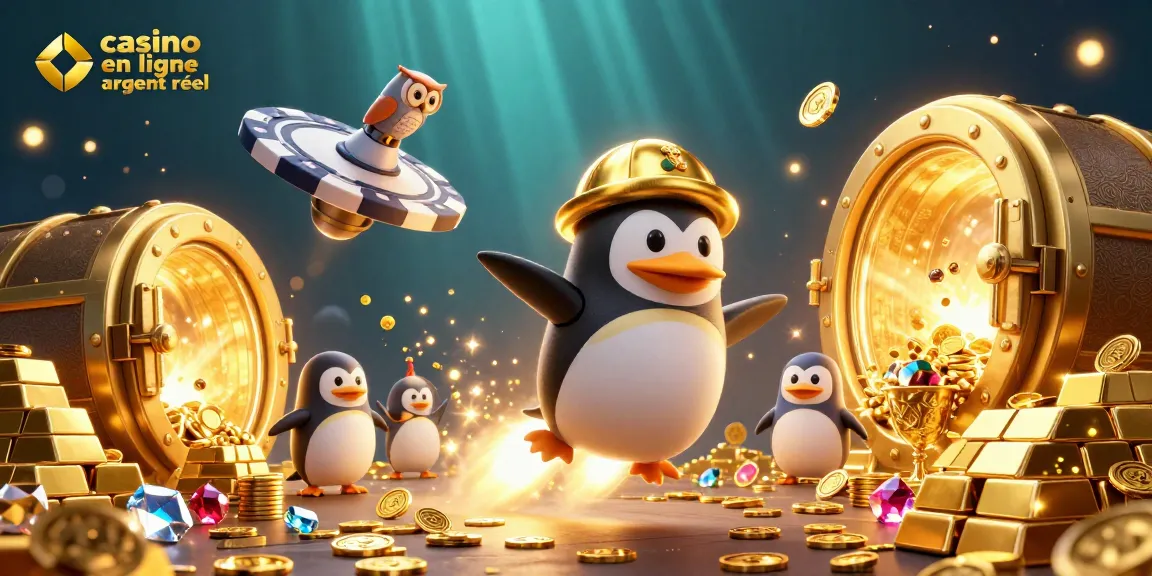 Plongez dans l'univers du casino en ligne argent réel avec un pingouin doré propulsé par une fusée.