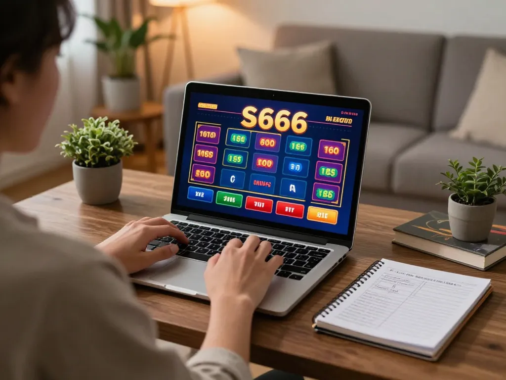 S666 casino online gaming session showcasing a player using a laptop in a cozy environment.