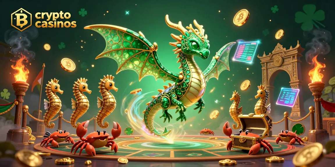 Jouez dans des crypto casinos avec un dragon des mers et des pièces d'or entourés de feux d'artifice.