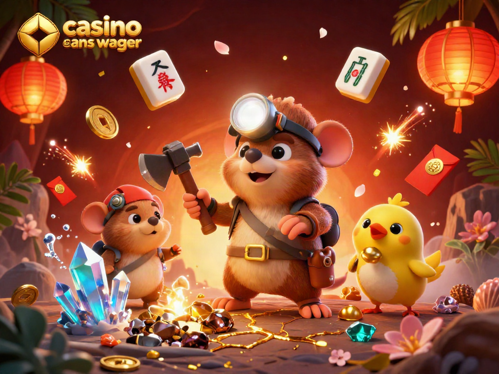 Jouez à casino en ligne sans wager avec un groupe de personnages animés découvrant des trésors révélateurs dans une ambiance festive.