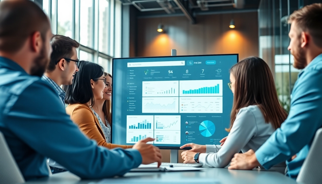 Illustration of ai enterprise search in action with a team analyzing data visualizations in an office.