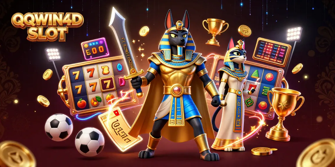 Permainan slot QQWIN4D SLOT yang menarik dengan elemen jackpot dan karakter Anubis dan Bastet.