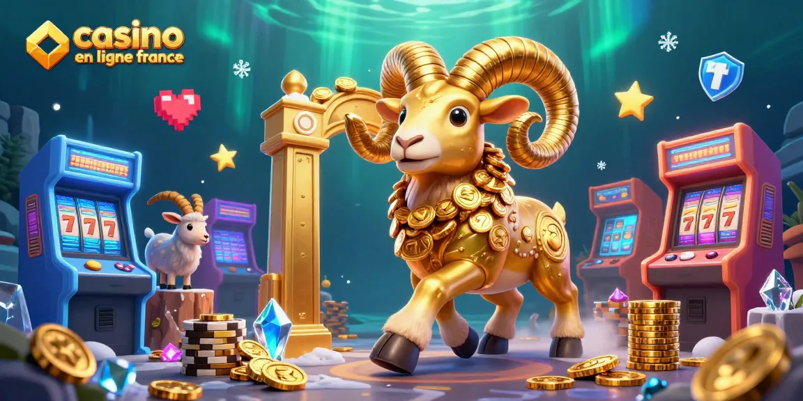 Jouez sur le casino en ligne France avec une illustration captivante d'un bélier doré et des machines à sous.