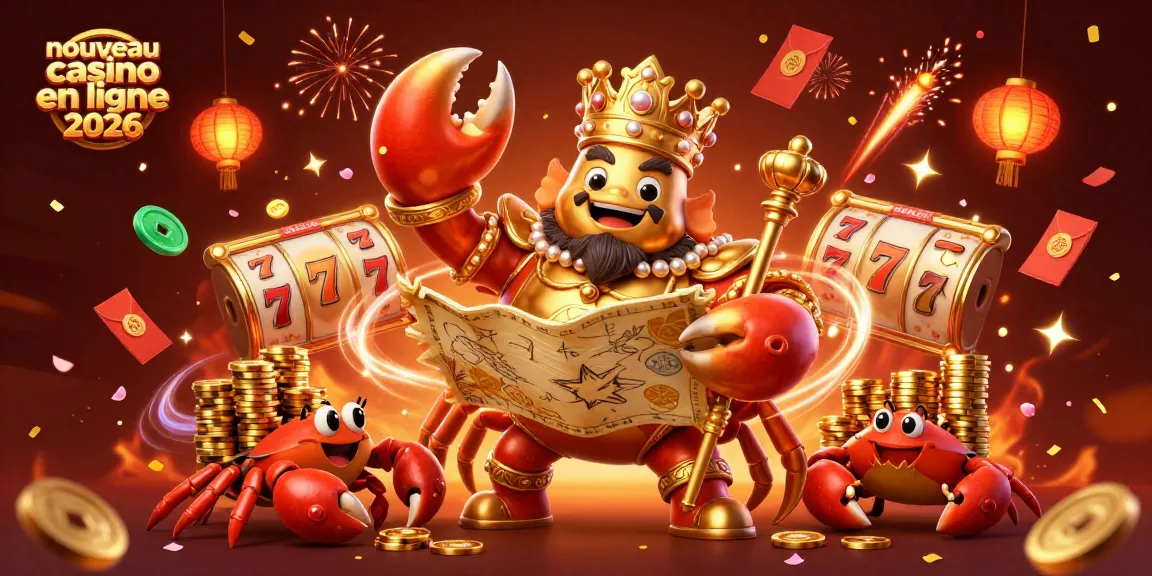 Illustration colorée montrant un nouveau casino en ligne 2026 avec un crabe doré majestueux, des machines à sous et des lanternes chinoises.