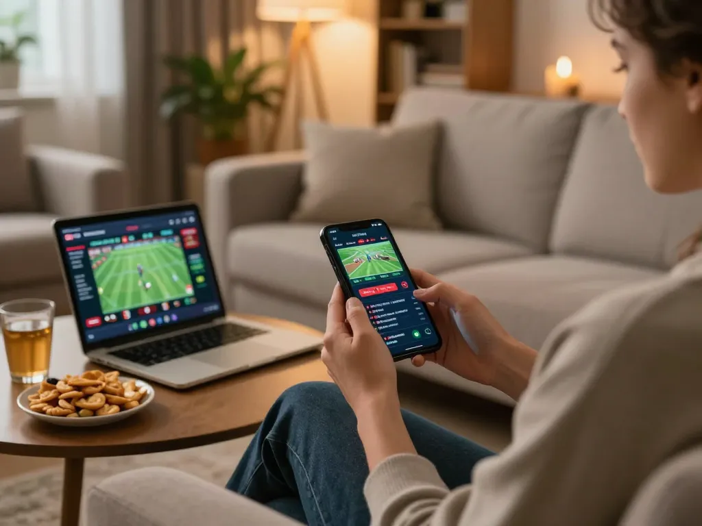 Experience thrilling sports betting effortlessly at kk55 on a smartphone, set in a relaxed home atmosphere.