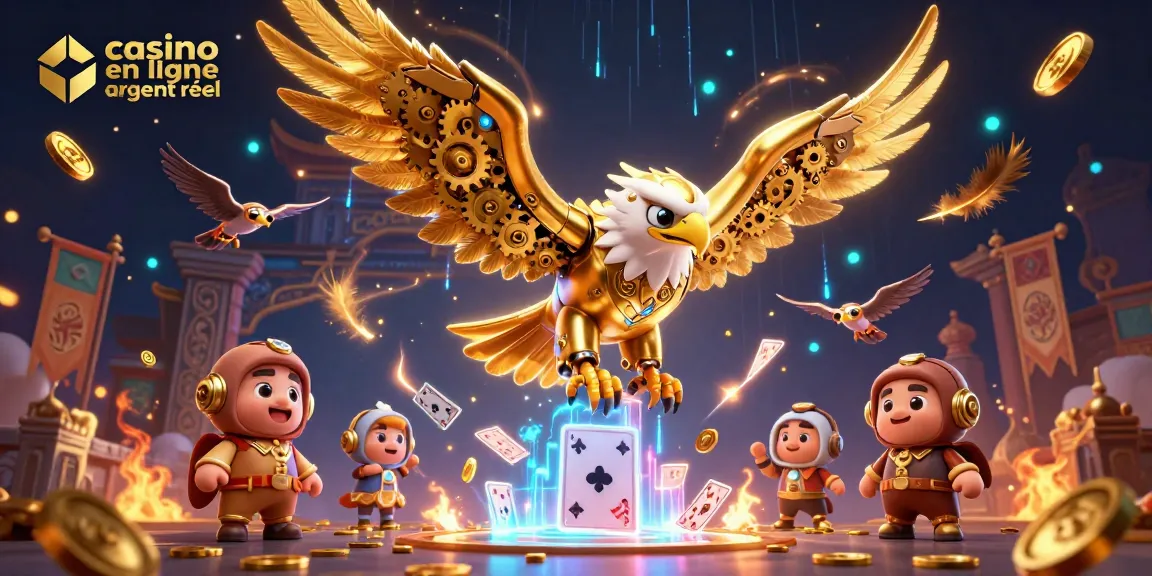 Le casino en ligne argent réel présente un aigle cybernétique dans un univers dynamique de cartes et de jetons.