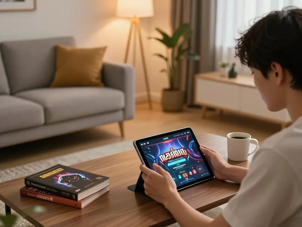 Engaging in ทดลองเล่นสล็อต on a tablet, showcasing a modern home gaming setup with cozy ambiance.