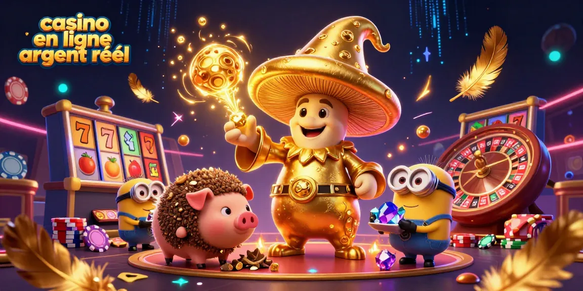 Profitez d'une expérience magique avec casino en ligne argent réel illustrée par un sorcier champignon doré et ses compagnons.