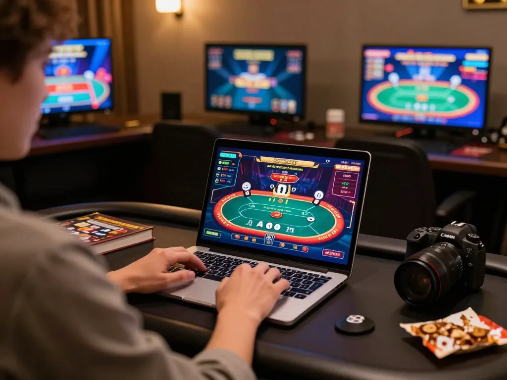 Experience exciting online poker gameplay with kubet in a stylish home setup filled with strategic gaming tools