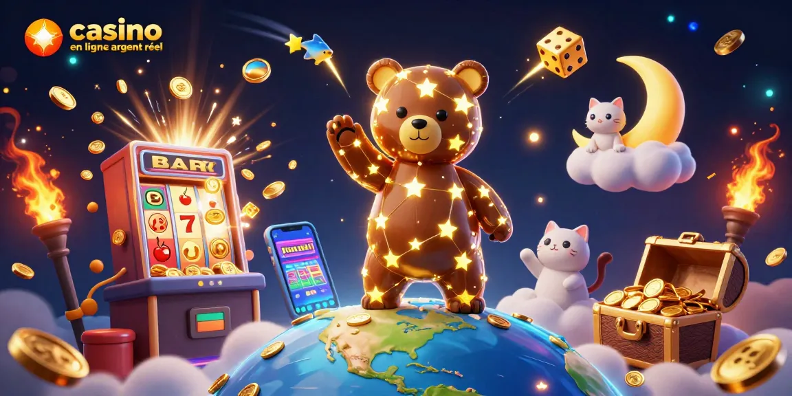 Profitez des jeux de casino en ligne argent réel avec une illustration vibrante de personnages 3D et des éléments ludiques.