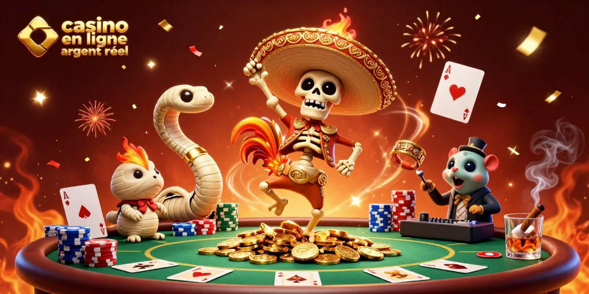 Visualisez une scène fascinante de casino en ligne argent réel avec des personnages colorés célébrant autour d'une table de poker.