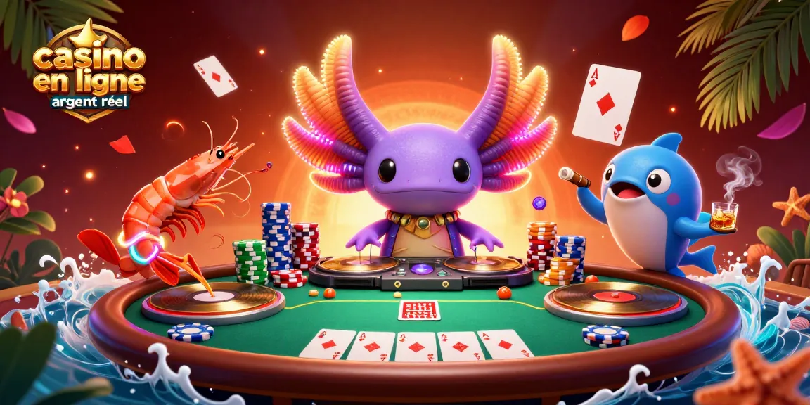 Plongez dans l'univers vibrant du "casino en ligne argent réel" avec des personnages ludiques et une table de poker animée.