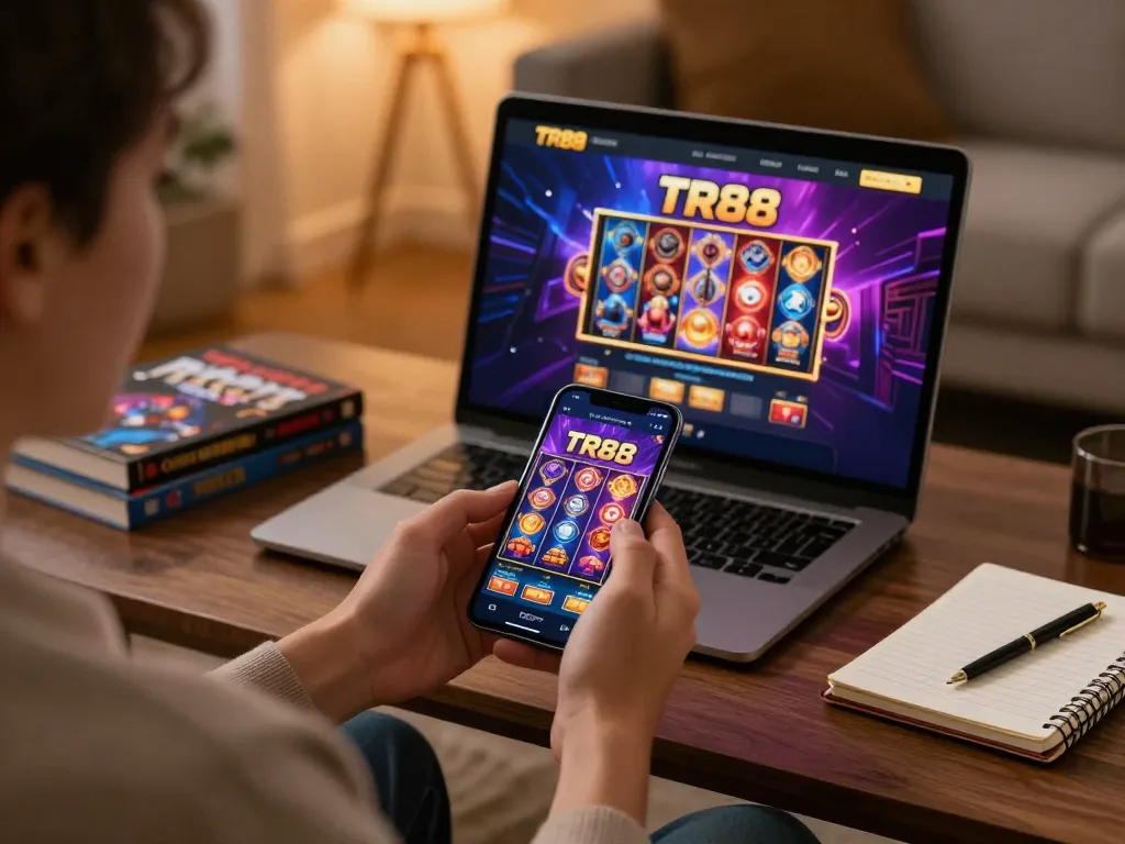Engaging in TR88 online slots gaming on a smartphone in a cozy living room setup