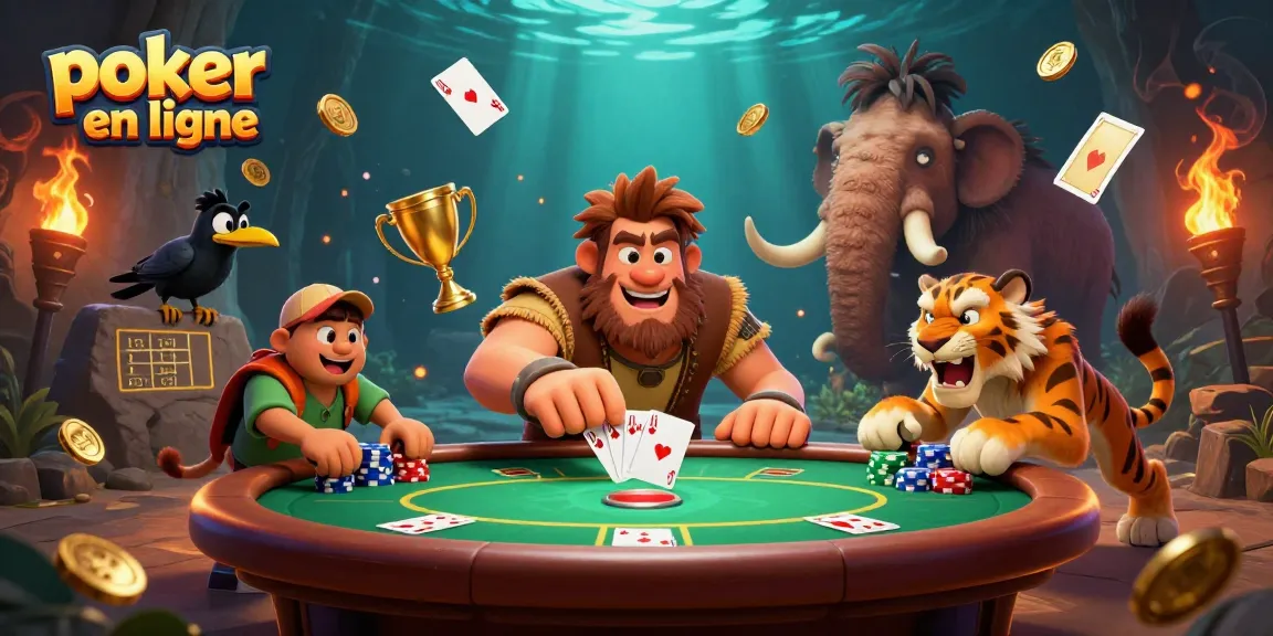 Jouer au poker en ligne avec des personnages caricaturés dans un casino préhistorique vibrant.