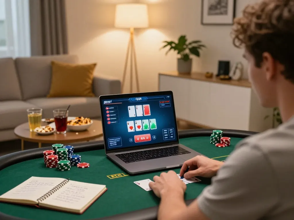 Bermain poker online di laptop dengan pengaturan rumah yang nyaman, menampilkan catatan strategi dan camilan.