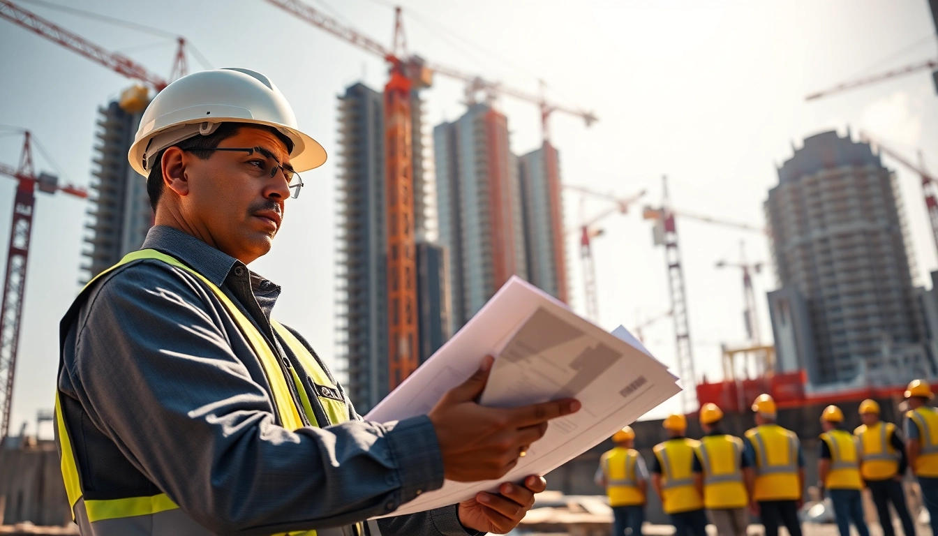 Manhattan Construction Manager assessing blueprints at a busy construction site.
