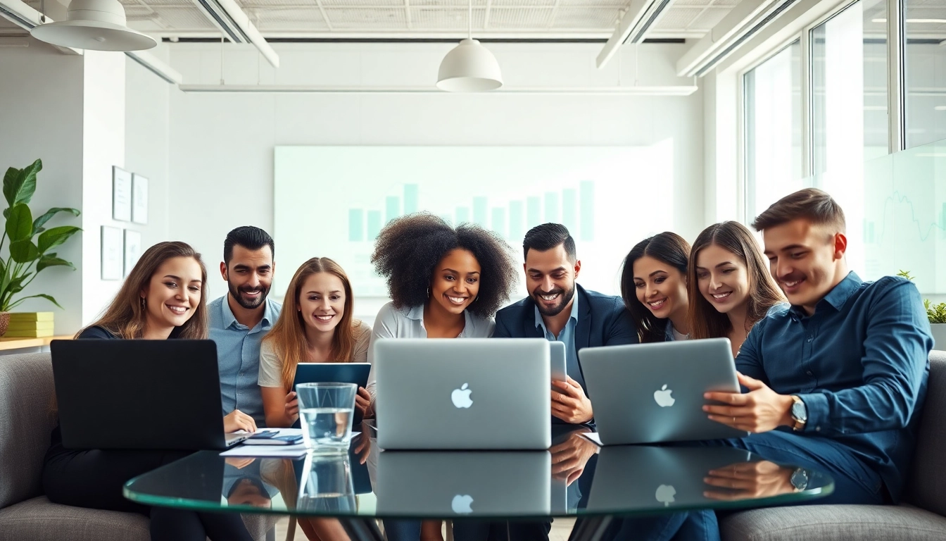 Collaborative team at a digital marketing company in a vibrant office setting.