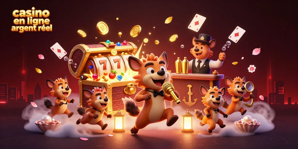 Animation de casino en ligne argent réel avec des hyènes en stand-up et jeux colorés.
