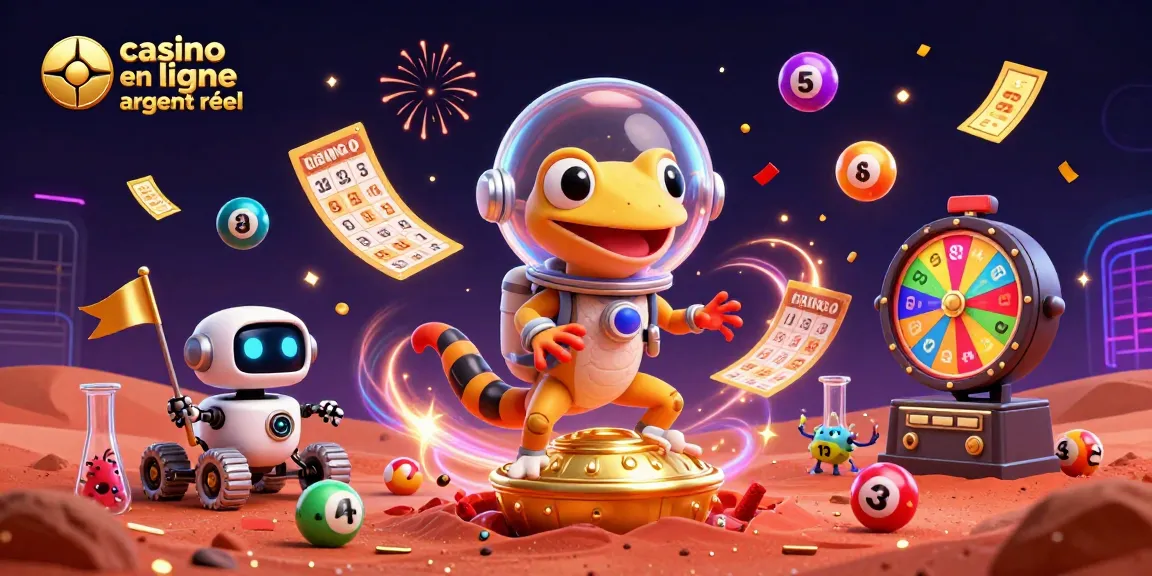 Découvrez le casino en ligne argent réel avec un gecko martien sur Mars entouré de loteries colorées.