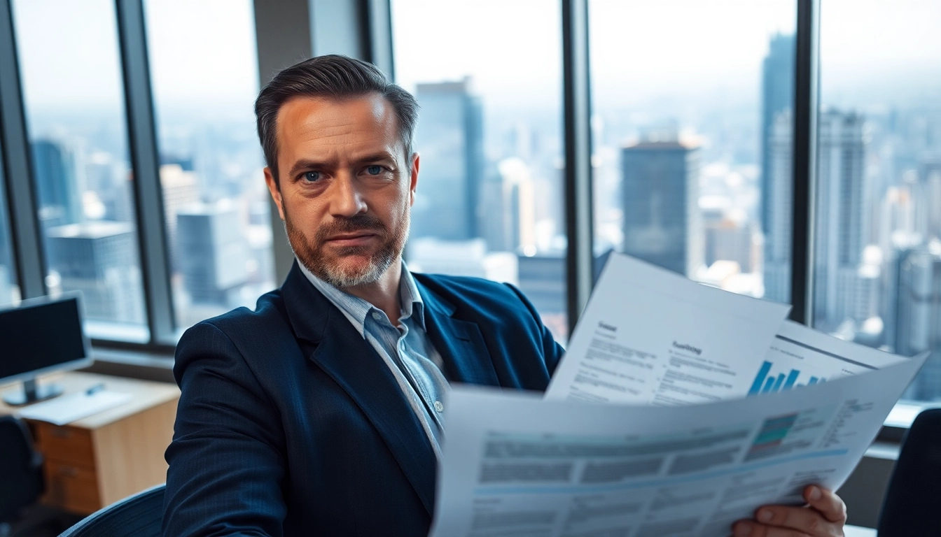 Empowering crisis management consultant analyzing strategies in a modern office environment.