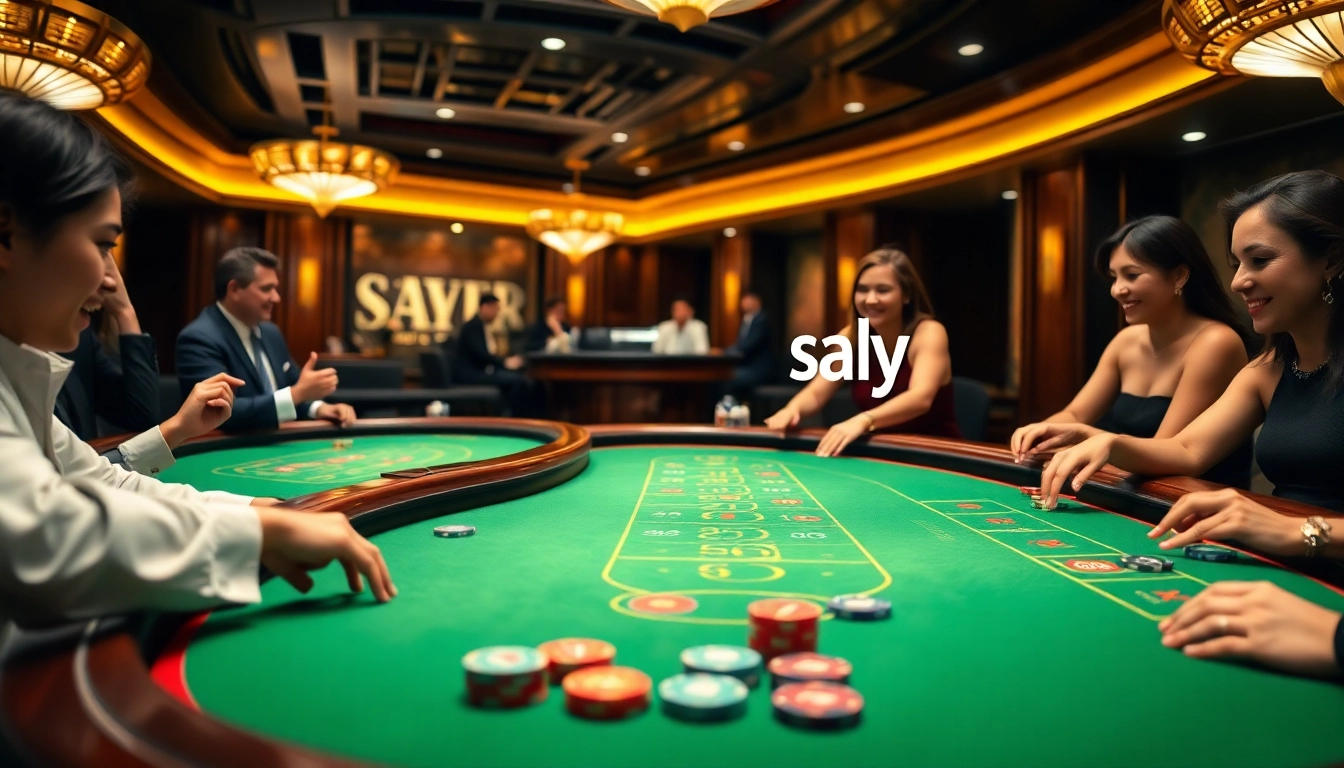 Exciting gaming scene featuring professional dealers and players at a luxurious say88 casino table