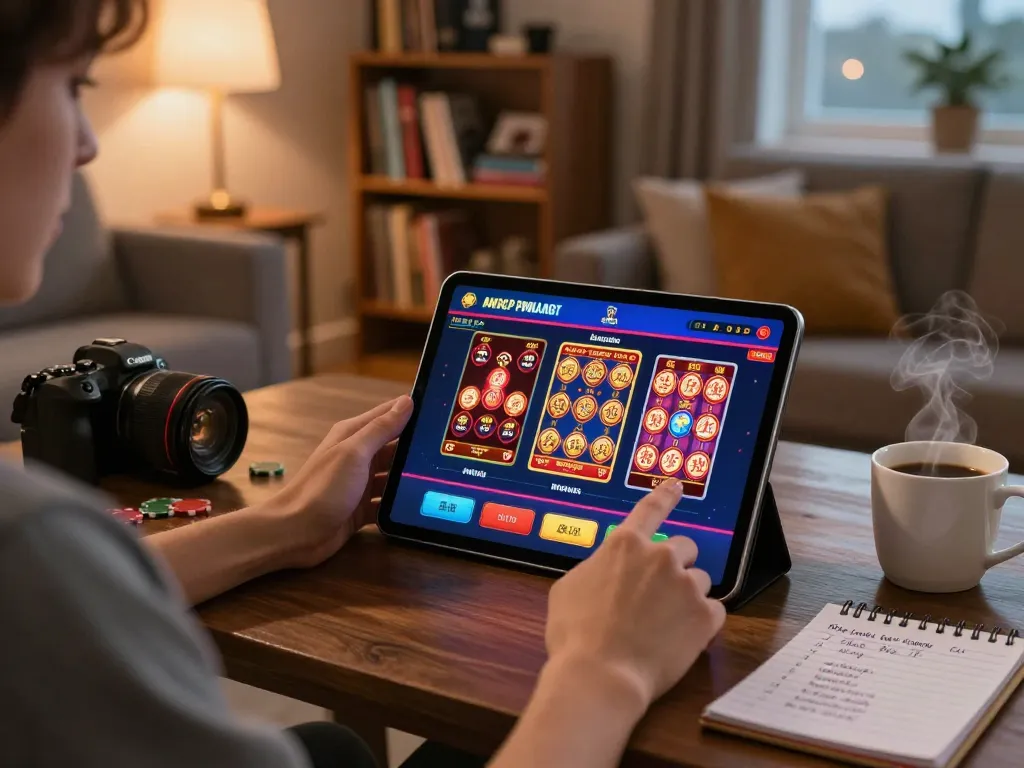 sc88 trang chủ player engaging with online gambling app displaying various games in cozy home setting