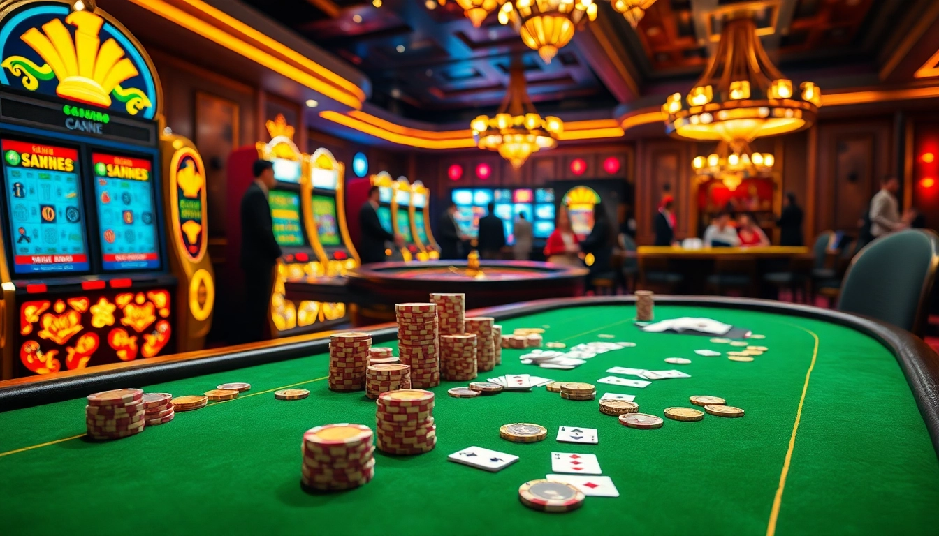 Exciting scene showcasing situs deposit 5k at a luxury casino table with poker chips and cards.