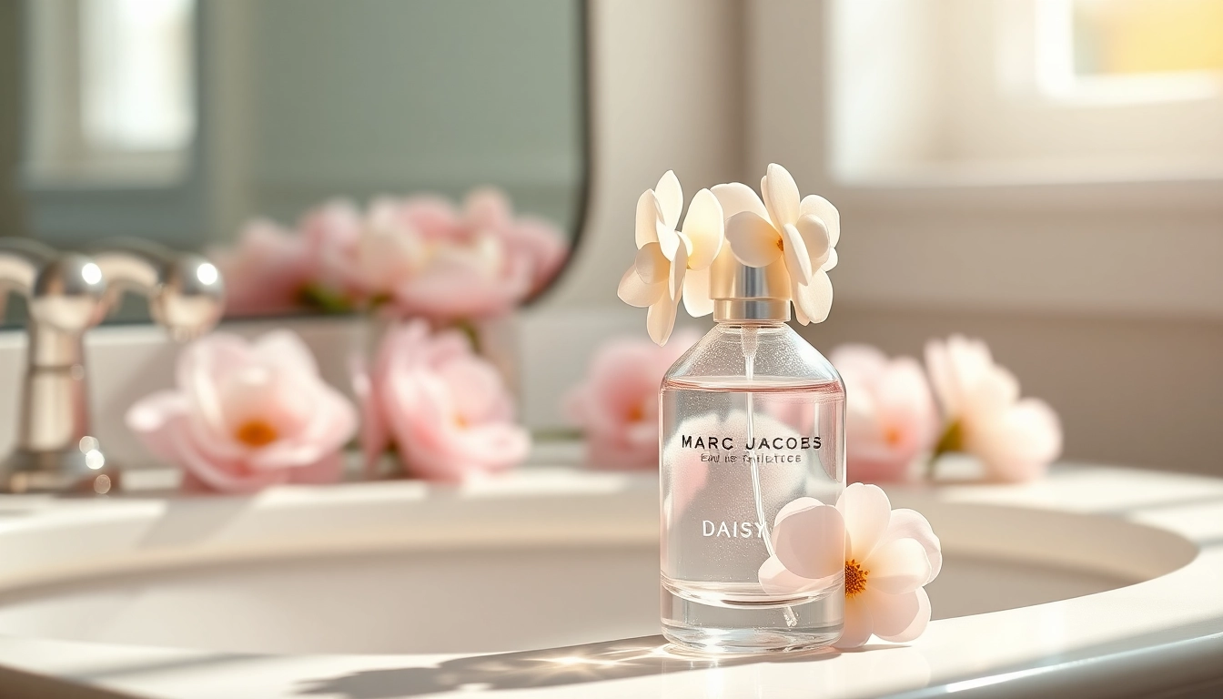 Highlight the Marc Jacobs Daisy eau de toilette spray amidst elegant flowers on a bright vanity.