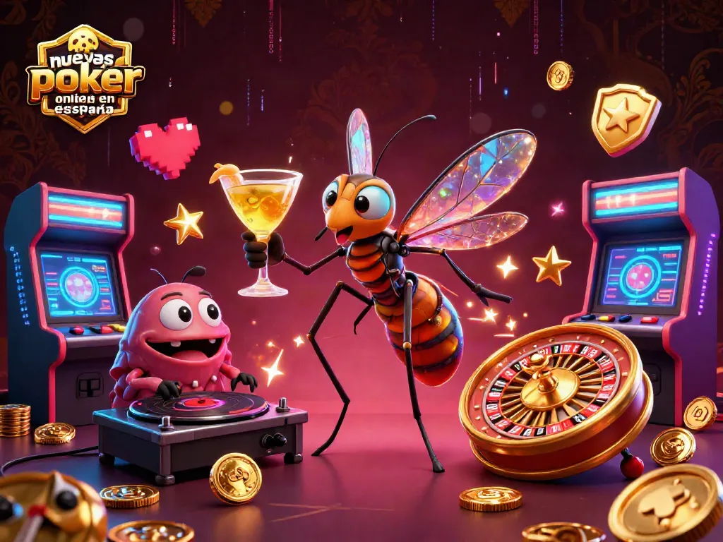 Explora nuevas salas de póker en línea en España con personajes únicos y vibrantes elementos de casino en una ilustración 3D.