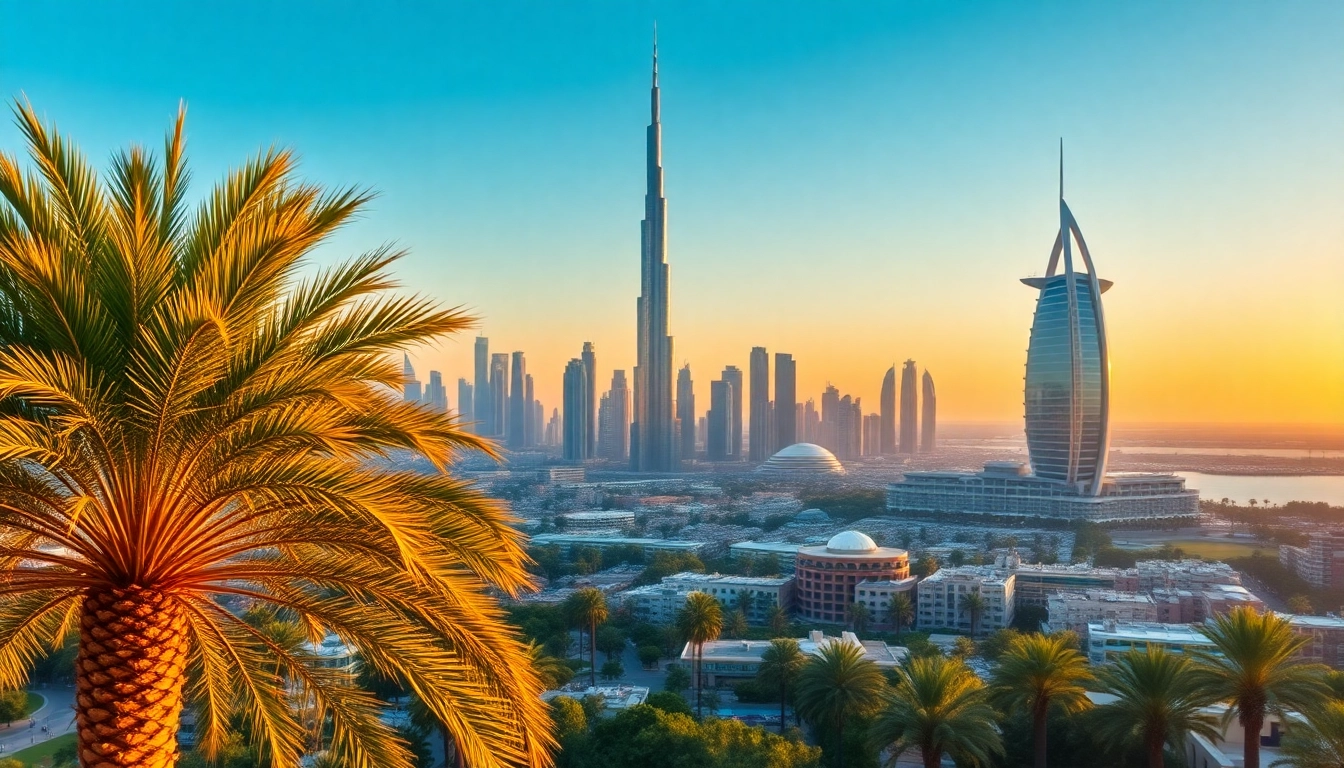 Ultimate Dubai Guide showcasing Dubai's skyline at sunset with iconic landmarks.