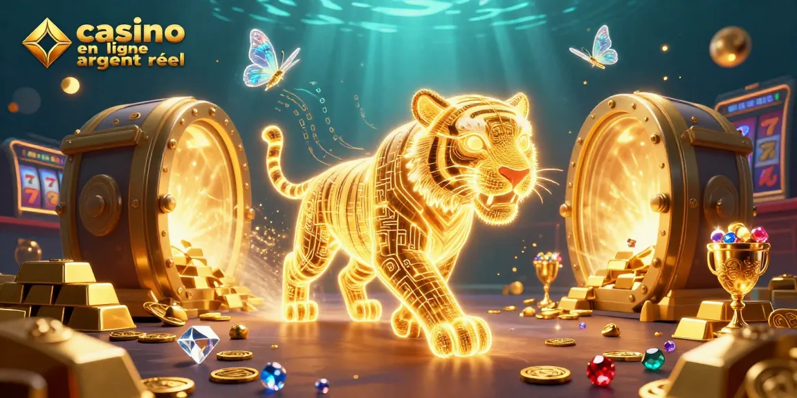 Un tigre en lumière dans un casino en ligne argent réel, entouré de trésors et de machines à sous.