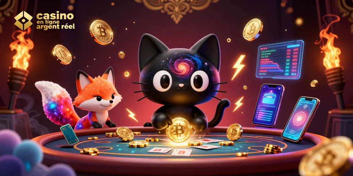 Gagnez au casino en ligne argent réel avec une illustration captivante d'un chat à trou noir et un renard nébuleux.