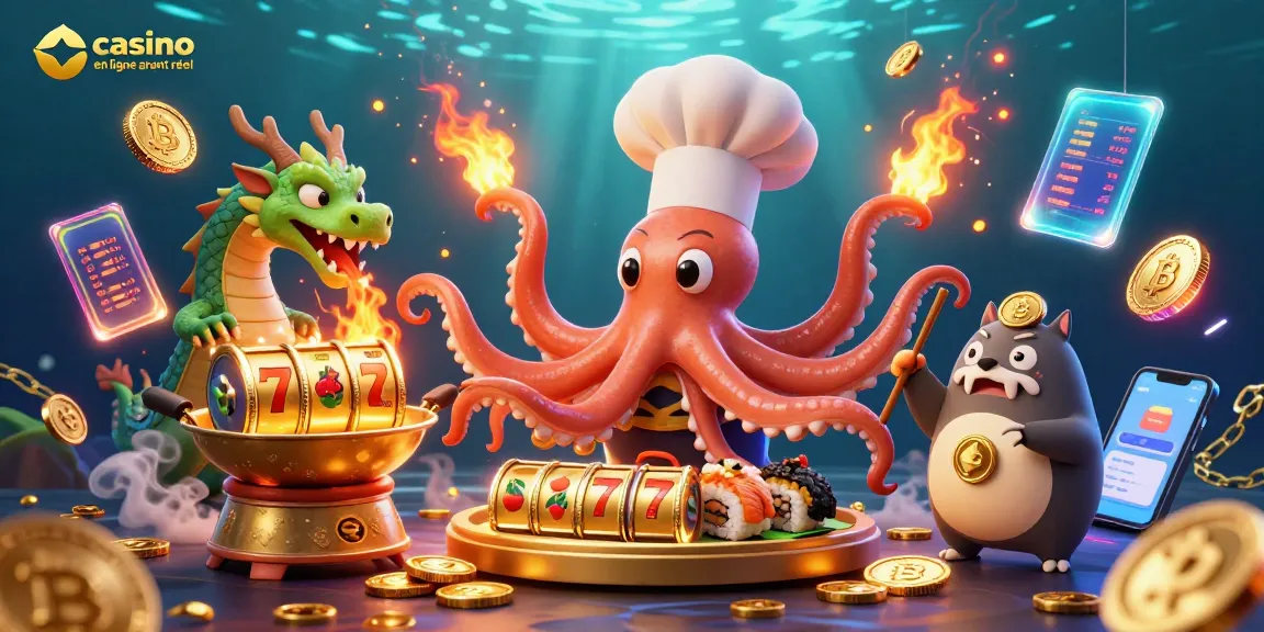 Visitez le casino en ligne argent réel avec un chef sushi en 3D, un dragon et un client tanuki dans une scène dynamique.
