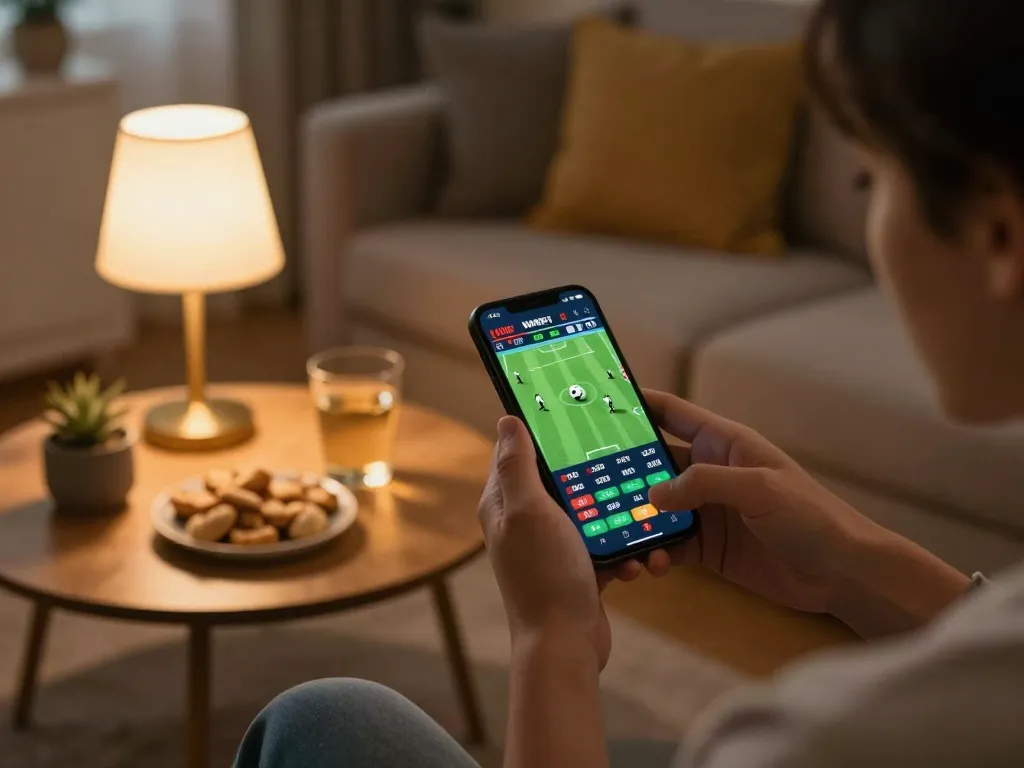 Place bets on live football matches using Fly88 mobile app in a cozy setting.
