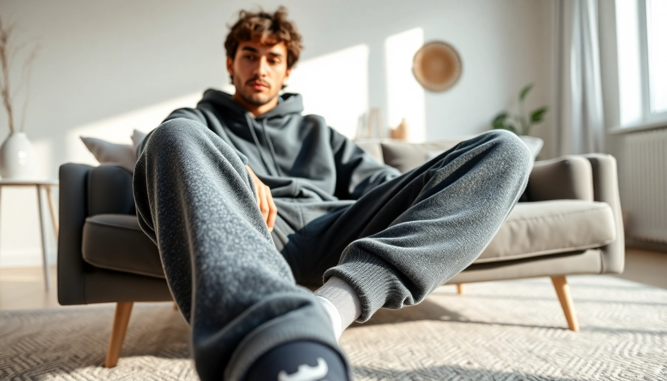 Model showcasing oversized sweatpants in a cozy modern living room setting.