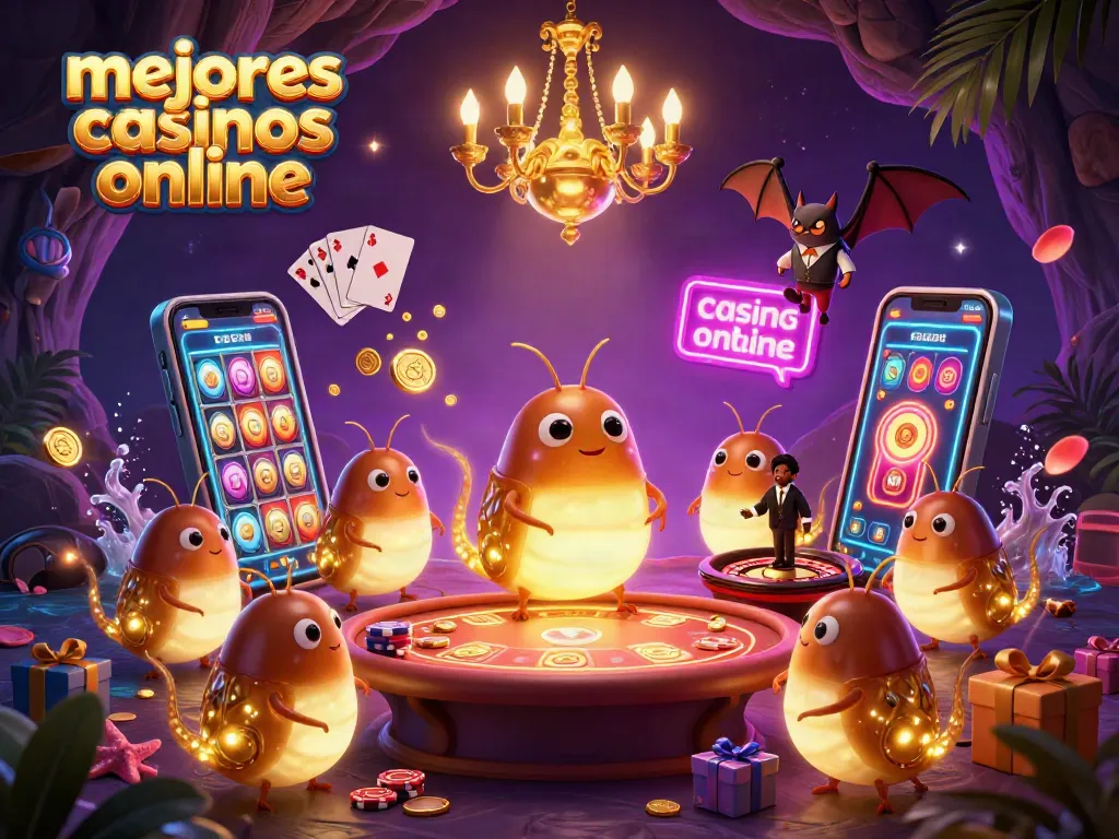 Ilumina tu juego en los mejores casinos online con una divertida escena de casino iluminada por gusanos de luz.