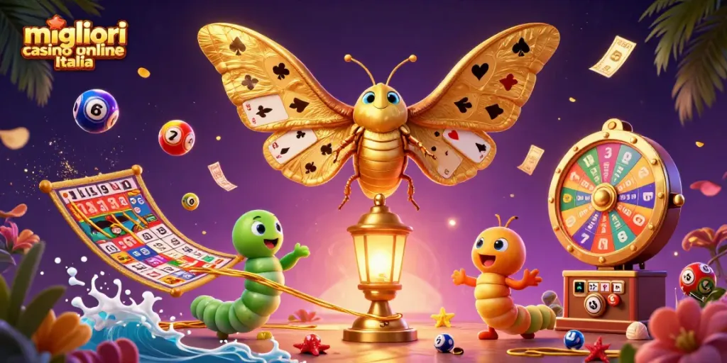 I migliori casino online Italia con elementi di gioco scintillanti in un'illustrazione 3D vibrante e coinvolgente.