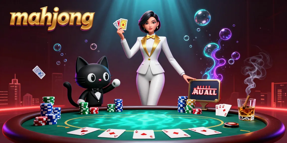Shuffling mahjong cards with a glamorous host and cat in a dynamic casino scene.