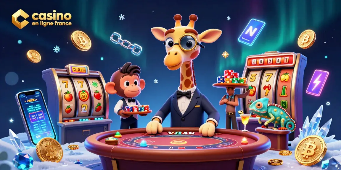 Jouer au casino en ligne France avec une girafe high-roller, un valet et un barman caméléon