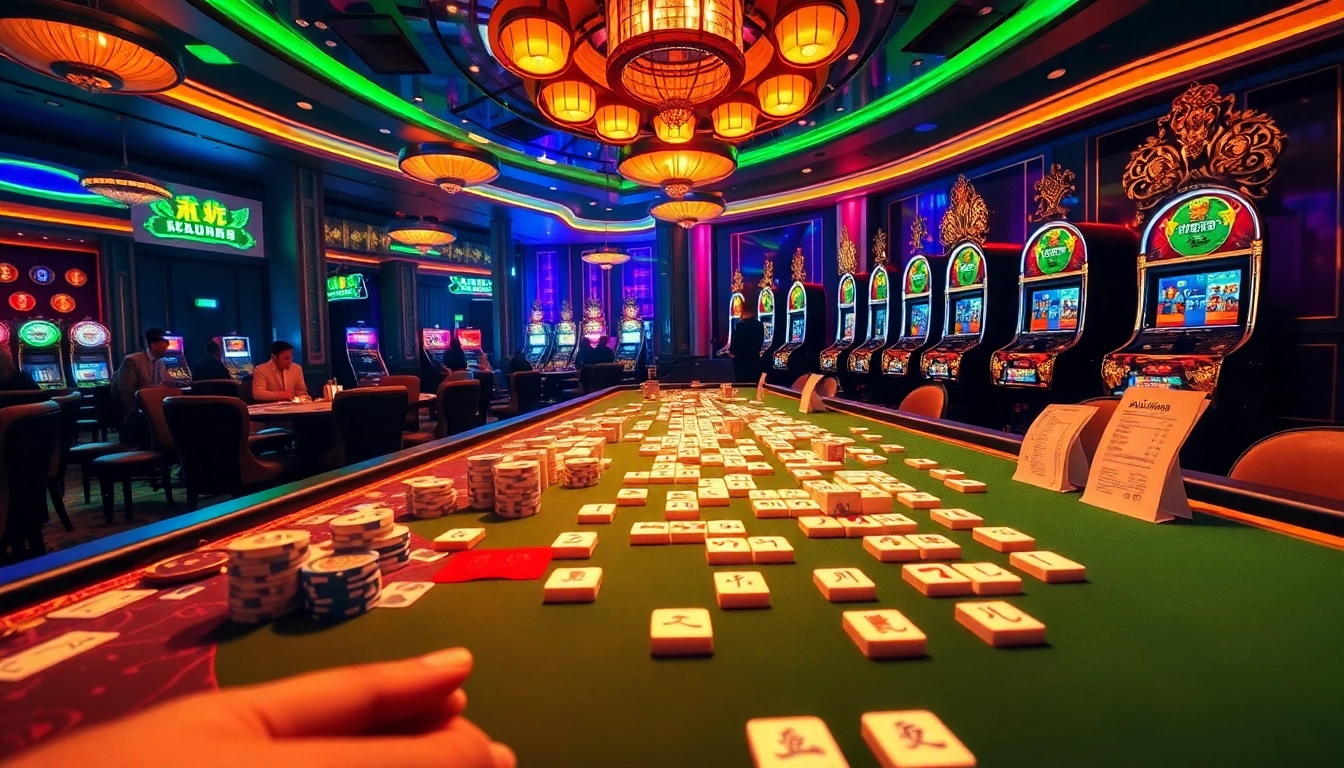 Players immersed in a thrilling game of link mahjong at a glamorous casino, surrounded by colorful tiles and poker chips.