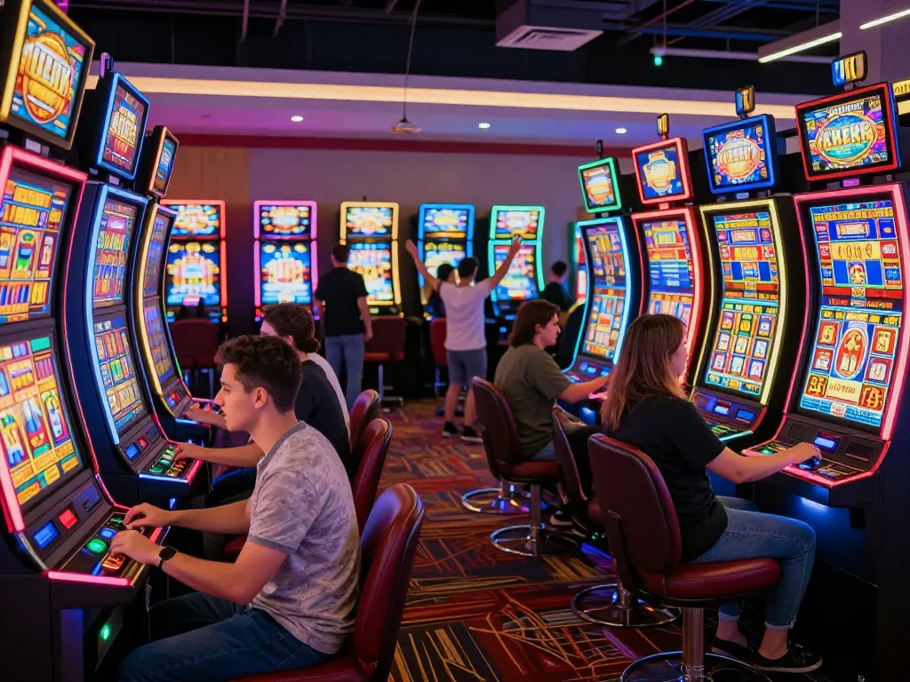 Players enjoying slot 10k games with vibrant machines glowing in a lively casino atmosphere