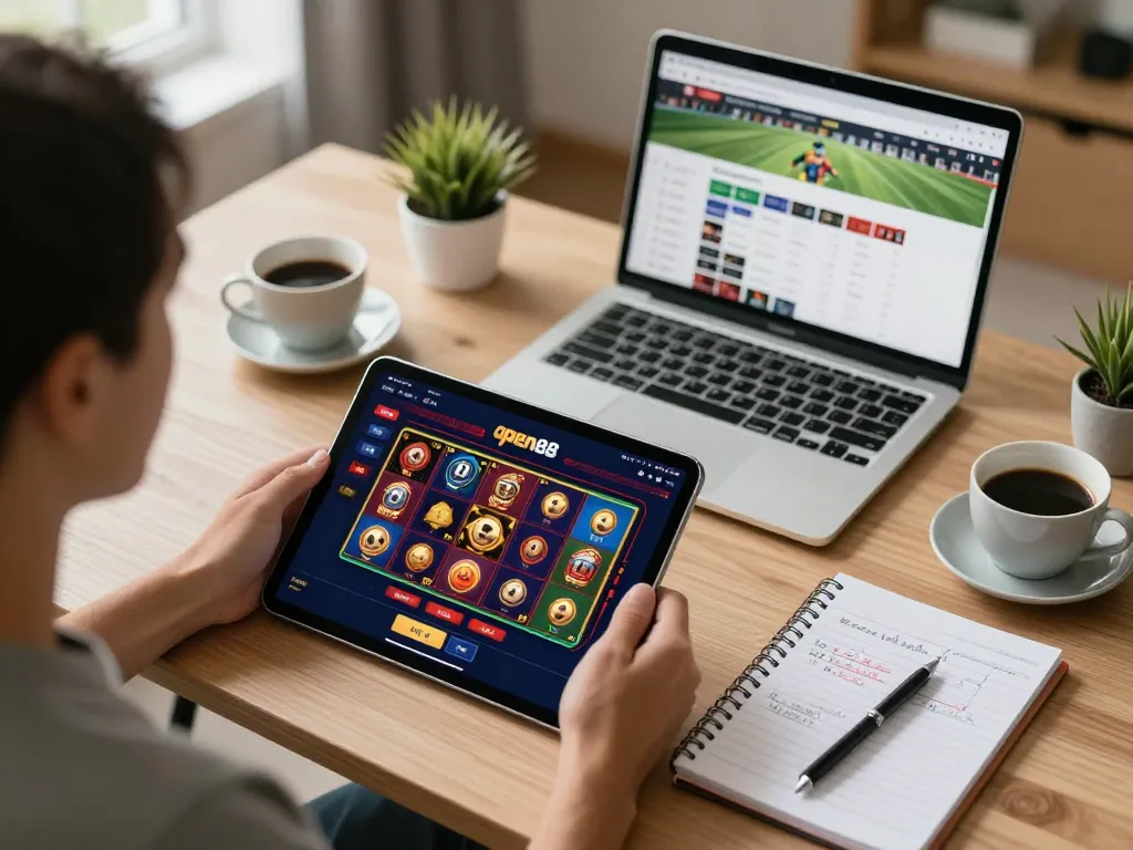 Engaging in online gaming with open88 on a tablet, showcasing a vibrant casino interface and betting strategy notes.