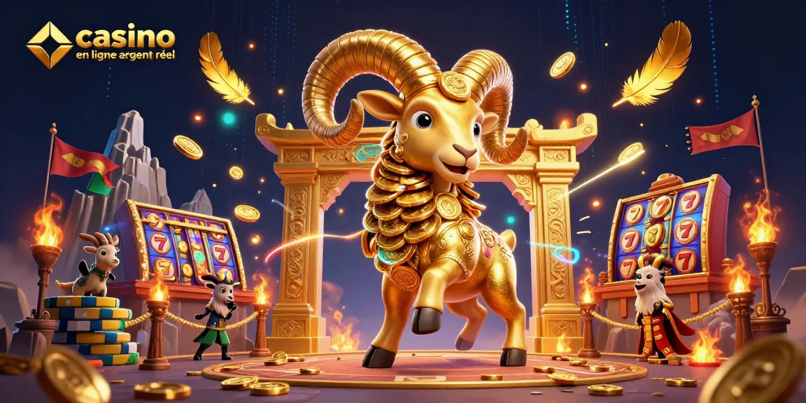 Le ram doré charge vers la porte d'un casino en ligne argent réel, entouré de symboles de jeu et d'effets lumineux.
