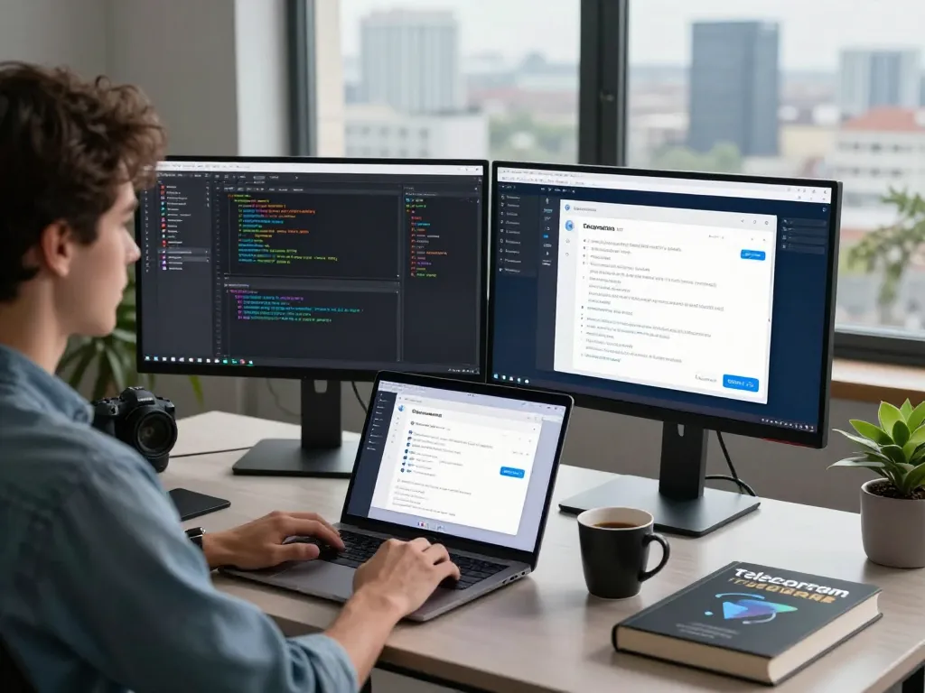 Developer optimizing Telegram 电脑版 in a modern workspace with dual monitors.