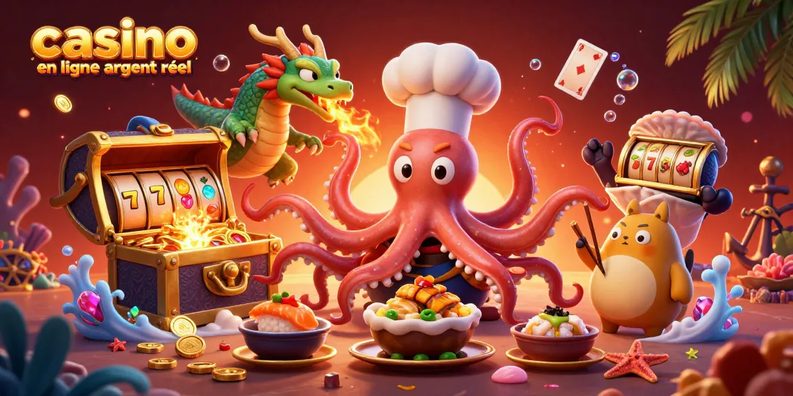 Illustration dynamique de casino en ligne argent réel avec un chef sushi pieuvre et un dragon, préparant des plats sous des éléments de jeu sous-marin