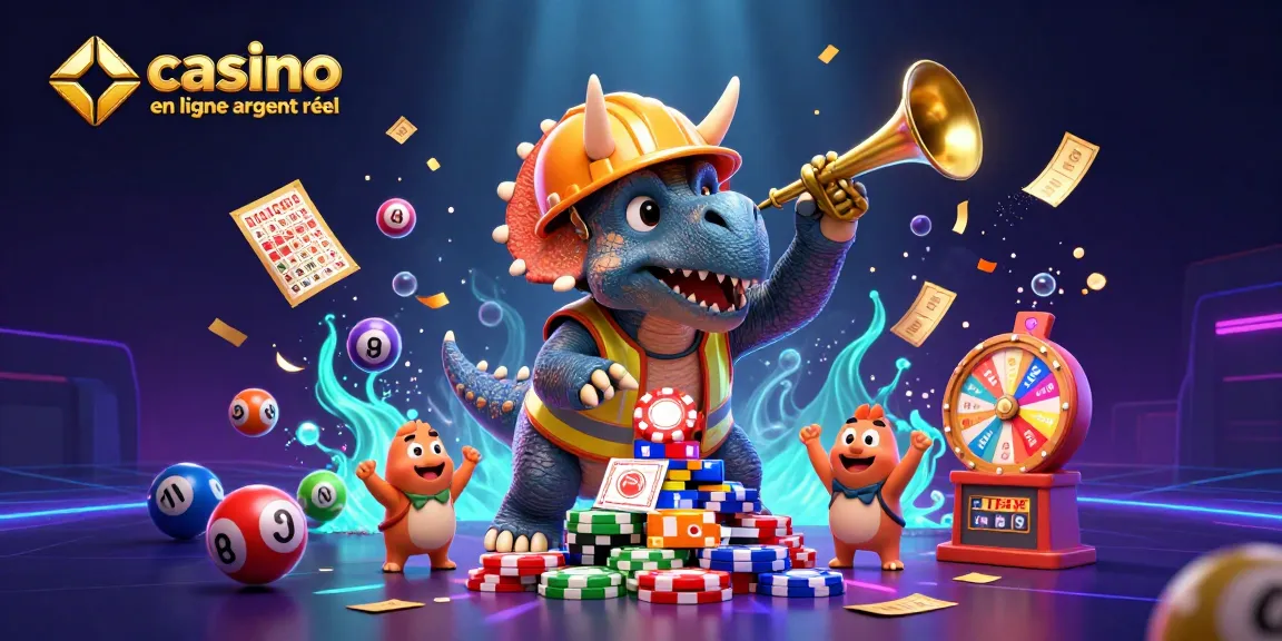 Le casino en ligne argent réel présente une célébration dynamique avec des dinosaures et des jeux d'argent.