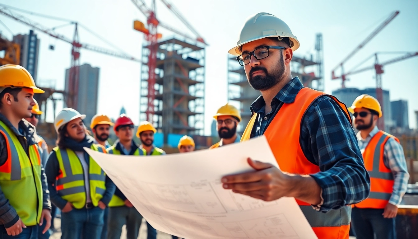New York City General Contractor supervising a diverse team on a construction site, highlighting teamwork.