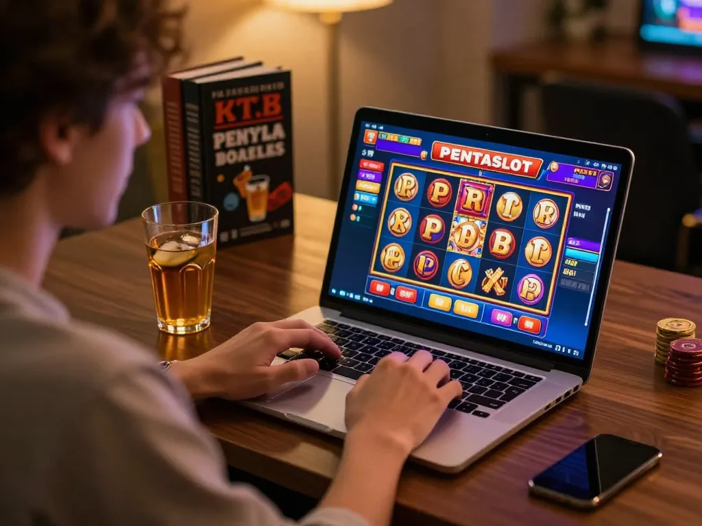 Person enjoying pentaslot online gaming session on laptop at stylish desk, showcasing cozy atmosphere and gaming strategy.