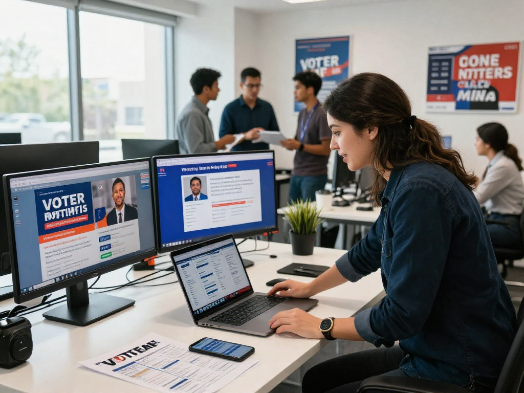 Social media influencer for political campaign analyzing data in a modern office