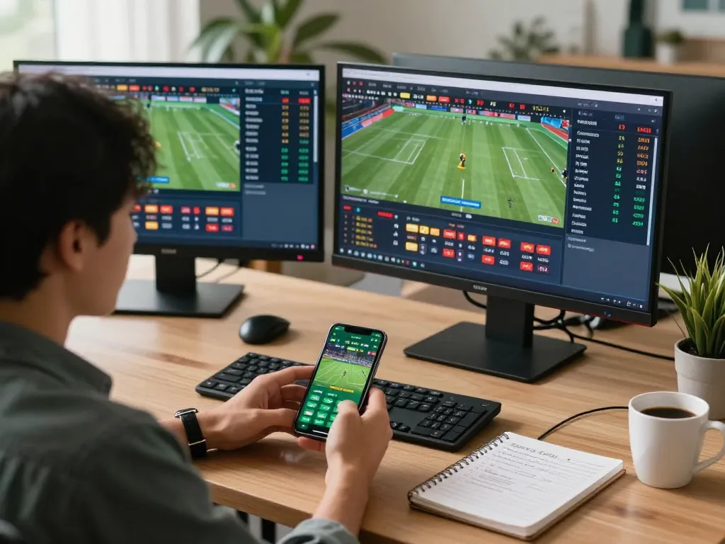 Engaging in online sports betting, analyzing kèo nhà cái 5 odds at a sleek workstation with mobile app.